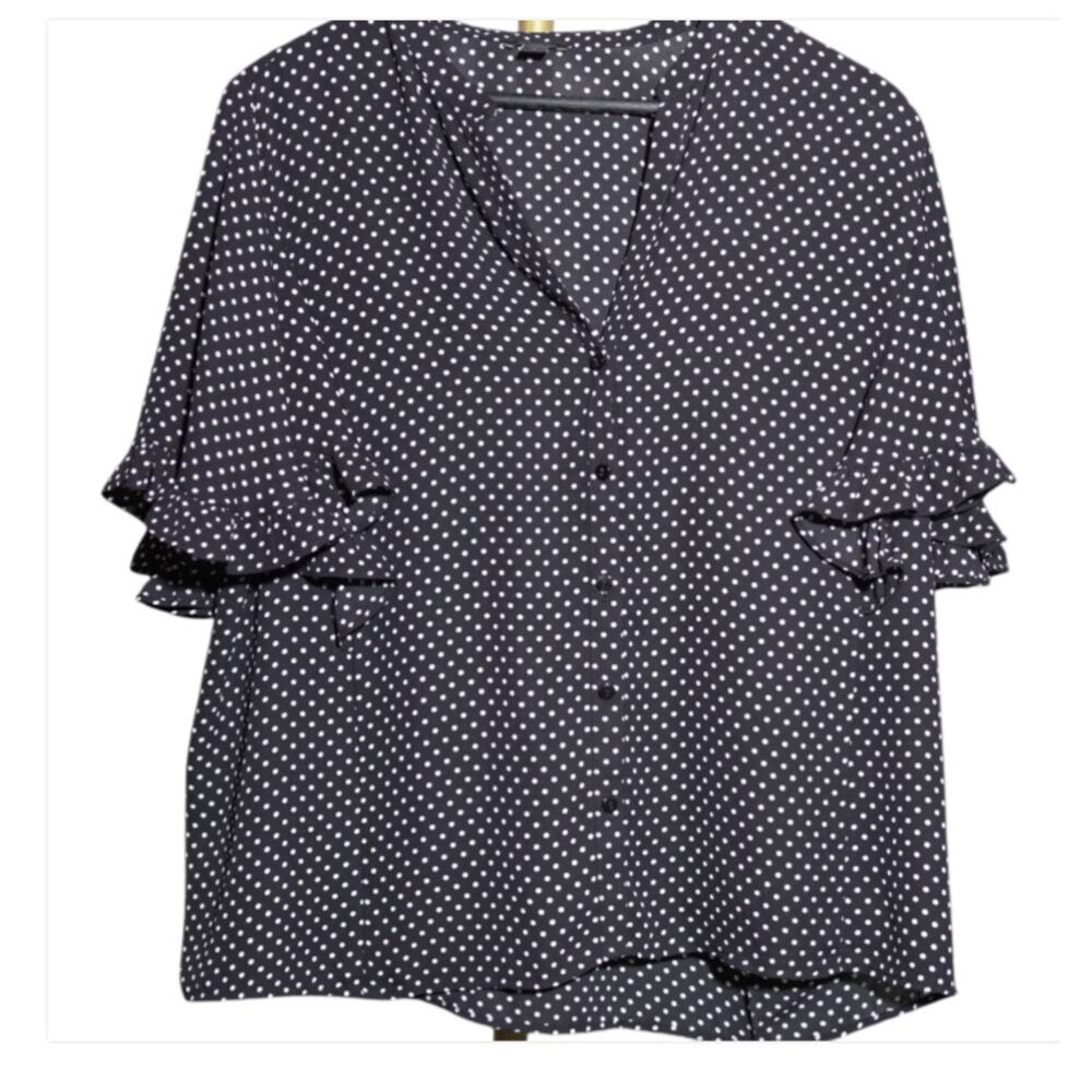 Ann Taylor Factory Blouse Sz L 2PK Black Solid & Polka Dot Flutter Sleeves EUC - Picture 8 of 14
